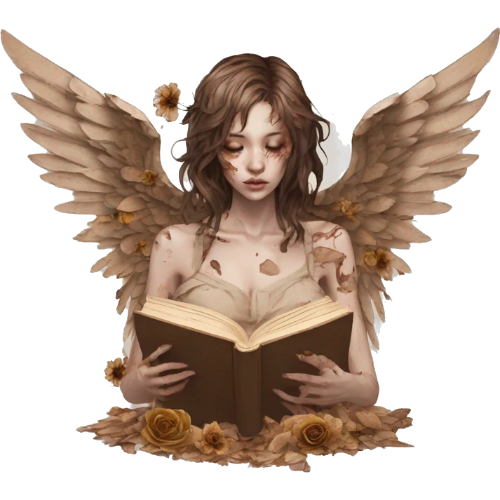 Zombie Library book bookworm academia aesthetic beige angel fallen angel tattoos with broken wing damaged wing torn wing, made of newspaper cuttings and dried flowers brown flowers emoji