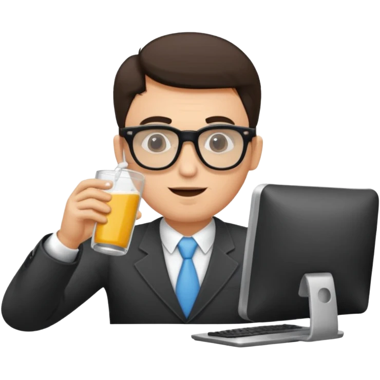 Hombre blanco con gafas tomando un refresco frente a un ordenador emoji
