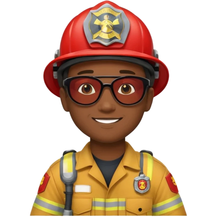 Young, male, dark skin, wearing sunglasses, firefighter uniform, happy emoji