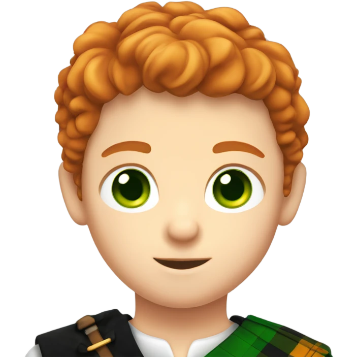 A Scottish male kid with a kilt, he has ginger hair and green eyes he also is wearing a sporran  emoji