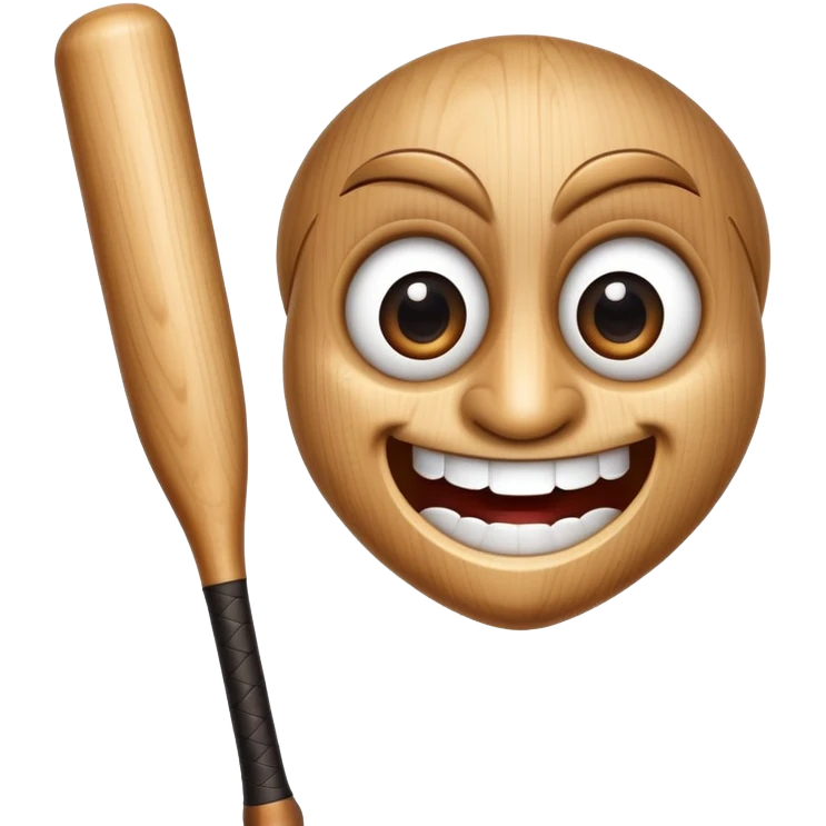 Baseball bat with large expressive eyes, a small button nose, and a wide grin emoji