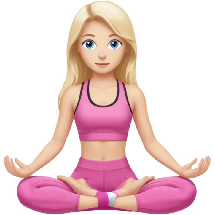  long blown out blonde hair woman blue eyes wearing pink workout set doing pilates emoji