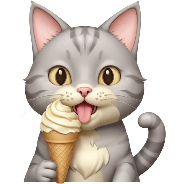 cute gray cat portrait, head and shoulders only, licking an ice cream cone, funny happy expression, 3D cartoon, mobile game icon style, clean background, no text, no watermark
 emoji