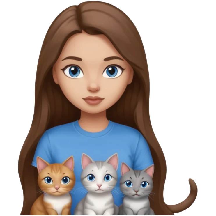a pretty bratz dusky light skin girl with long brown hair, blue eyes with six cats nd wearing a grey tshirt emoji