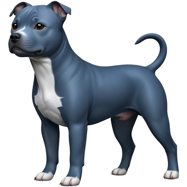 cinematic-[Staffordshire bull terrier]-realistic-full-body-standing-emoji,-tail-resting-loosely-beside-its-paws,-head-tilted-dramatically, -sleek-[dark blue grey]-fur,-simplified-yet-realistic-focused-features,-highly-detailed,-glowing-with-an-almost-sarcastic-glow emoji