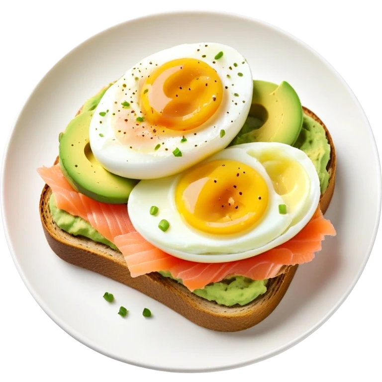mashed avocado on sourdough toast with soft boiled egg and smoked salmon emoji