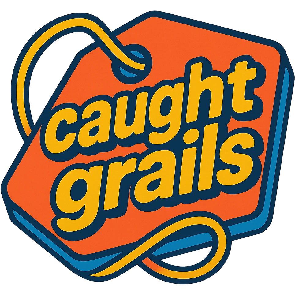 modern price tag with the text 'caughtgrails' in vibrant toon style emoji