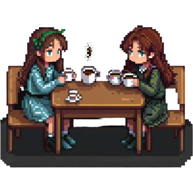 boy and girl sitting at a table sipping coffee emoji