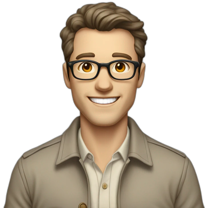 Joyful Pale skinned Fit Man With dark brown hair in gray jacket, beige office shirt, Brown pants and vintage glasses. His thrumbs up emoji