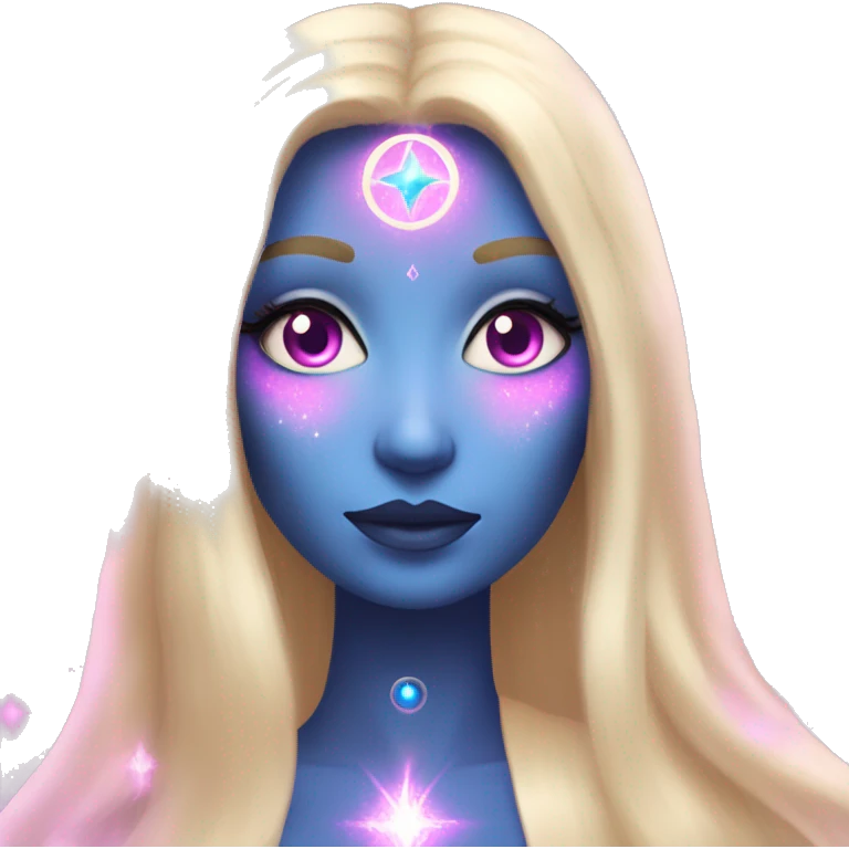 magical diva with thin pink andromedan face long blonde hair and blue eyes glowing third eye emoji