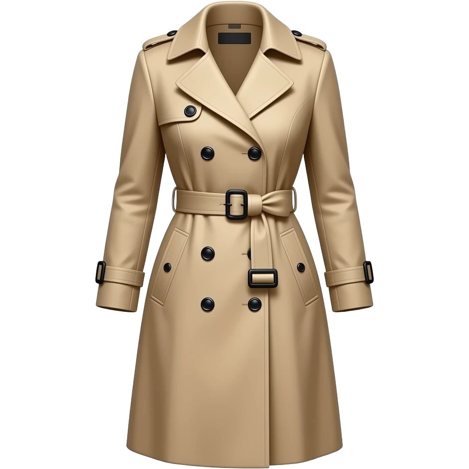 Luxury London trench coat, isolated, centered, no background, elegant beige fabric, feminine tailored silhouette, polished buttons, classic British high society style emoji