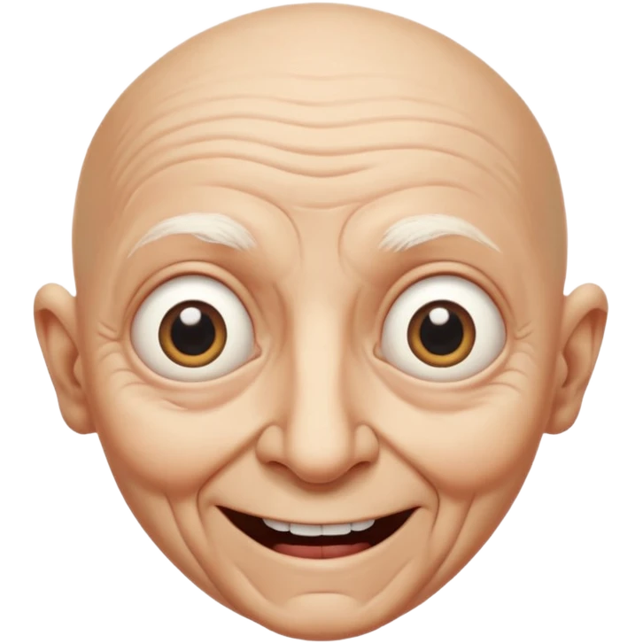 A bald person who’s very old is staring, head upright and looking at the camera with very wide eyes and a massive smile, in a very creepy way. emoji