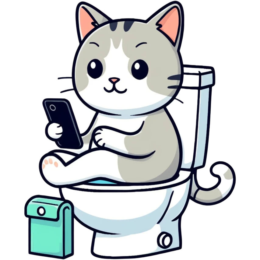 Gatito sentado en el inodoro viendo su celular  emoji