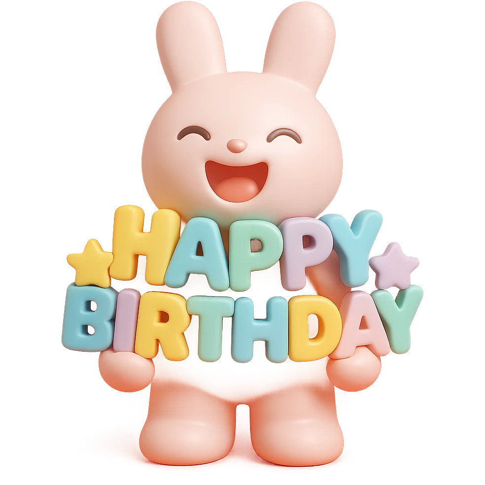 laughing bunny hugging 'Happy Birthday' letters with stars, full body, vinyl figure style emoji