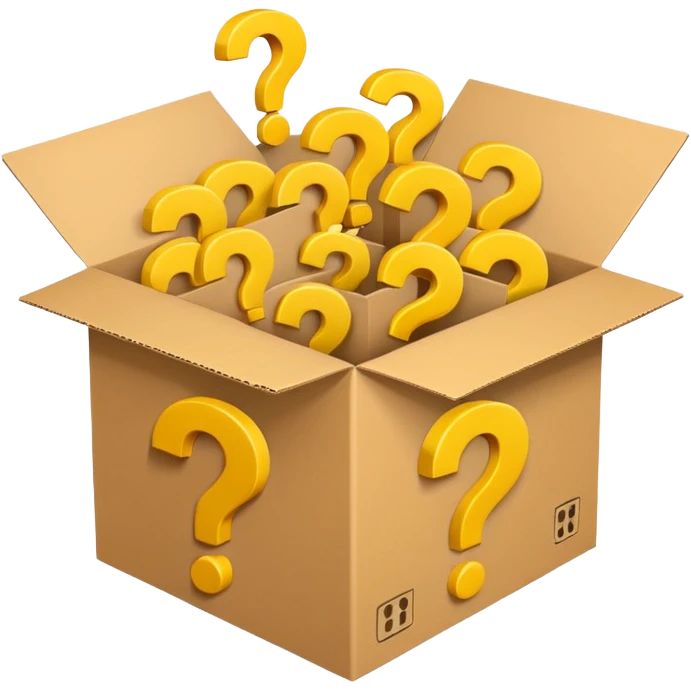  box printed with q&a over stuffed with yellow question marks emoji