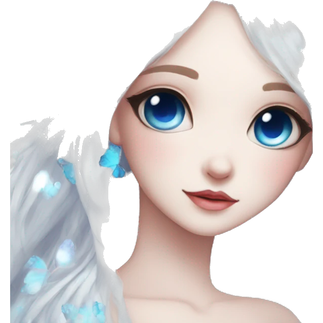 Edgy Cute Cool Kawaii gorgeous sparkly ethereal white fantasy animal with blue eyes sona with flowers and butterflies emoji