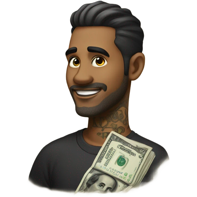 Handsome 40-year-old male that has a dollar symbol tattooed on his forehead in black ink emoji