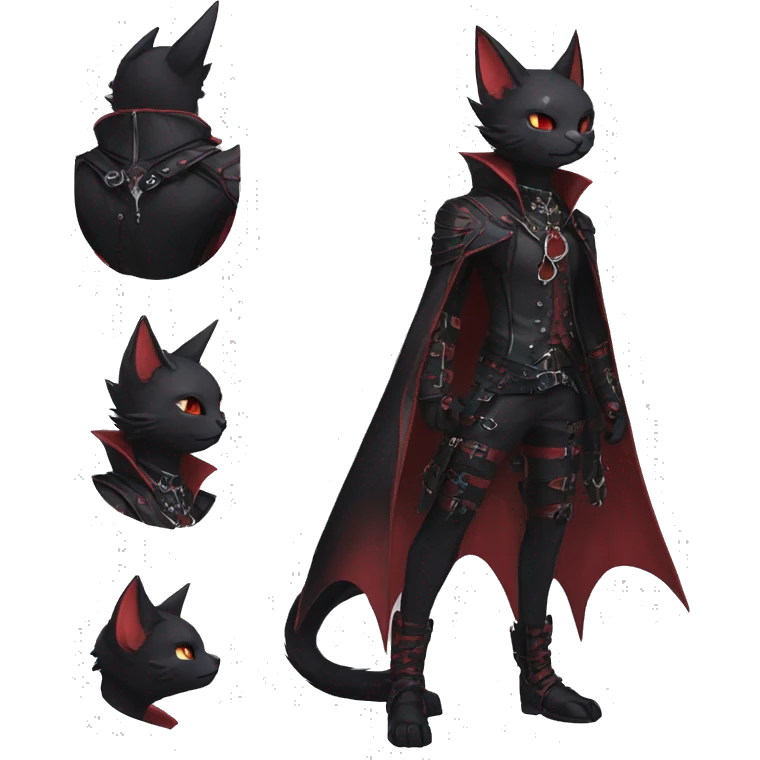 cool edgy elegant beautiful black punk red ethereal fantasy emo nargacuga-bat-cat-Fakemon collar harness full body emoji