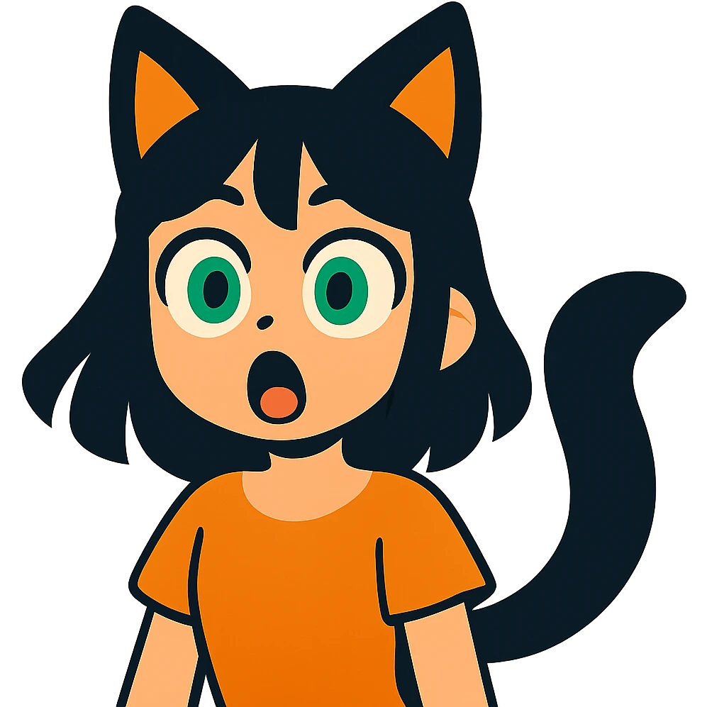 a surprised girl with huge green eyes, black fox ears, and a tail, dark hair emoji