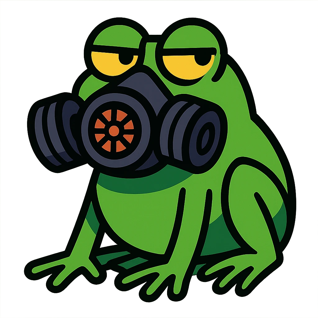 a frog wearing a gas mask, looking suspicious emoji