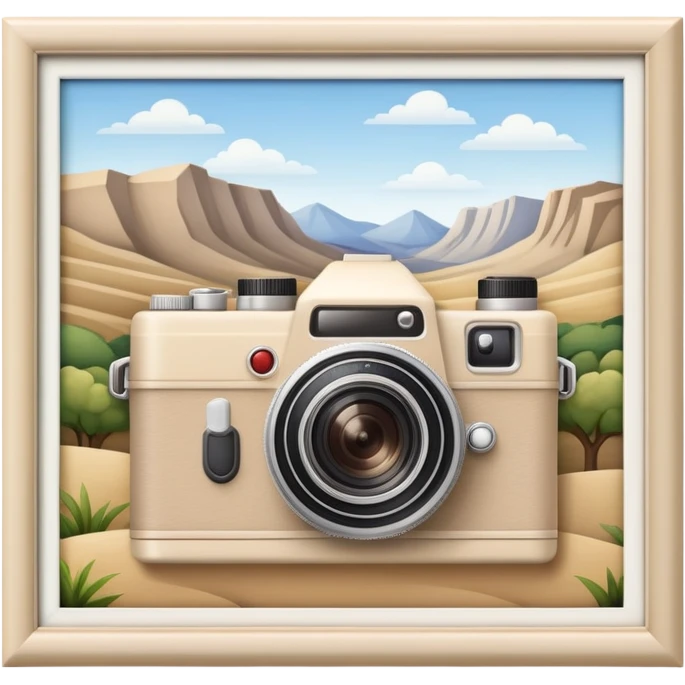 A beige camera and next to it a landscape photograph of the frame behind the camera emoji