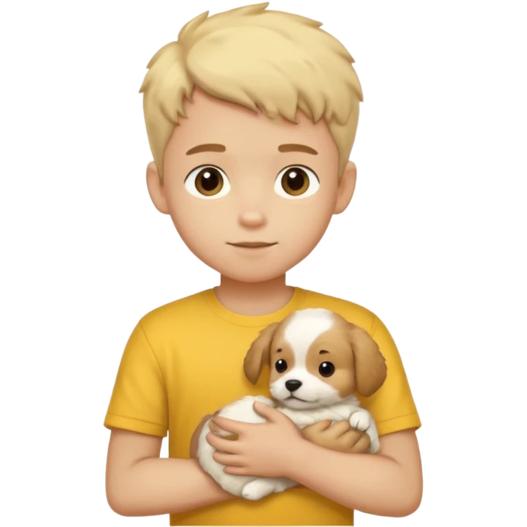 ["Light-skinned boy in yellow shirt, cradling a puppy."] emoji