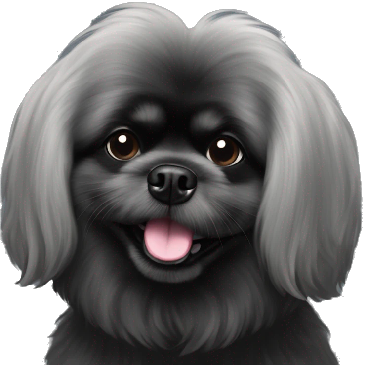 Pekingese poodle mix. All black in color everywhere. No other color. Extreme underbite with teeth showing  emoji
