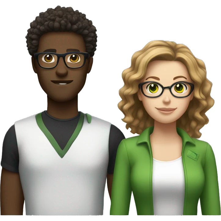 black male with spikey hair and glasses and white female with brown wavy hair , green eyes and glasses emoji