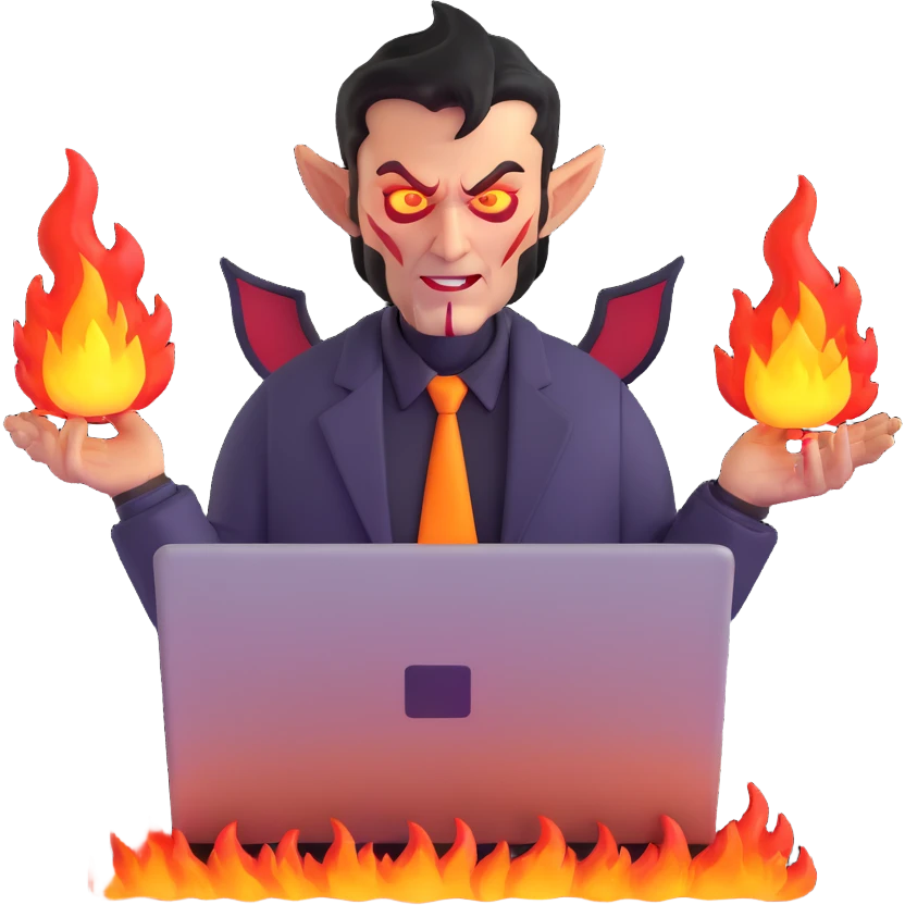 sinister demon salesman with laptop and fire effects emoji