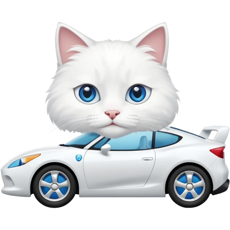 Please create a small emoji the size of 🚗 featuring a pure white cat with blue eyes on a white car side angle. emoji