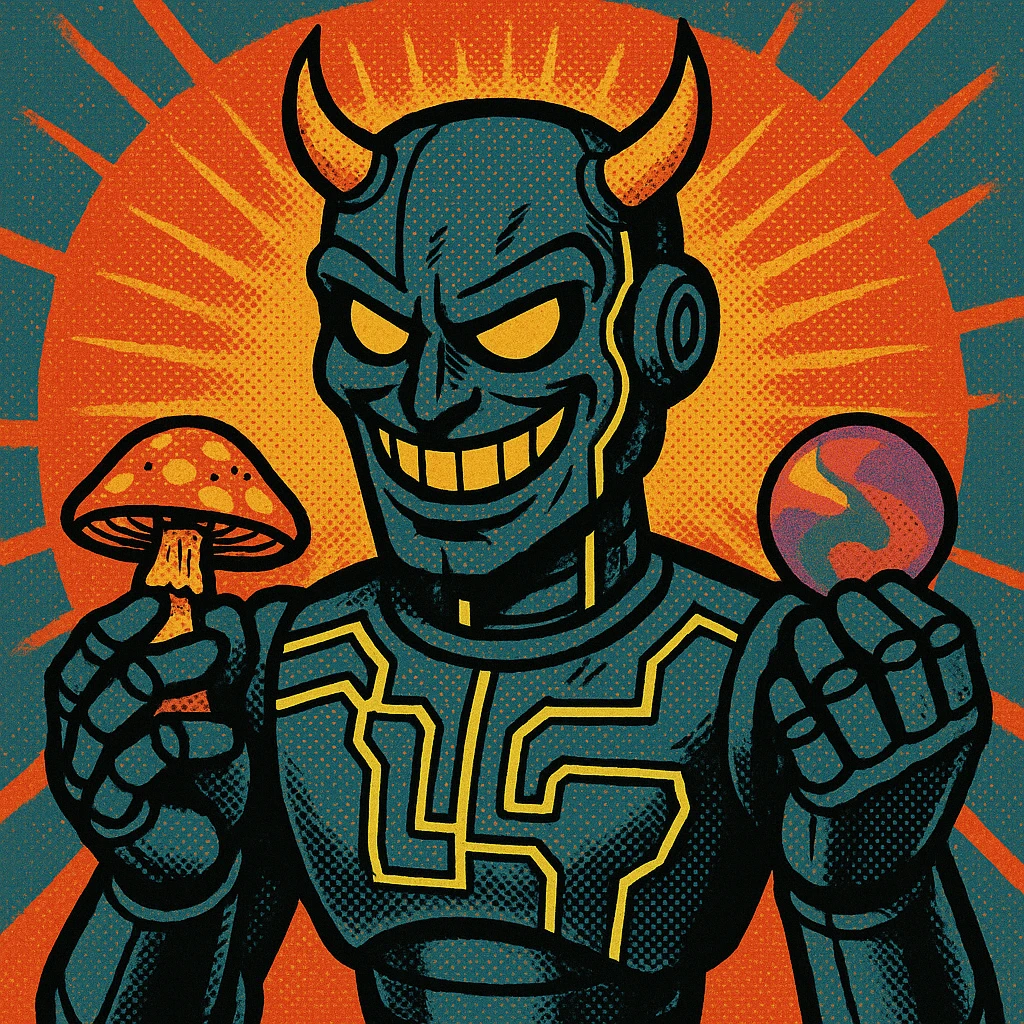a sinister robot with a devilish smile, neon circuitry, hands full of psychedelic substances, bold comicbook style emoji