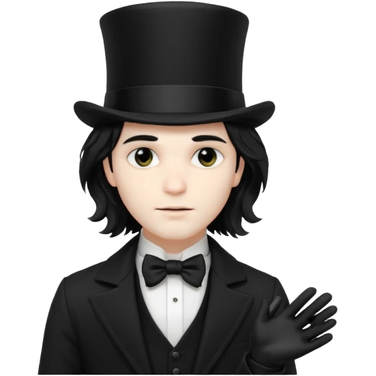 Male Goth with Top short Hat
 Wavy shoulder-length hair, white skin, black suit and gloves, pale skin tone,  emoji