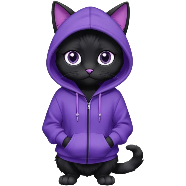 Black cat wearing a violet hoodie fursona (full body)  emoji