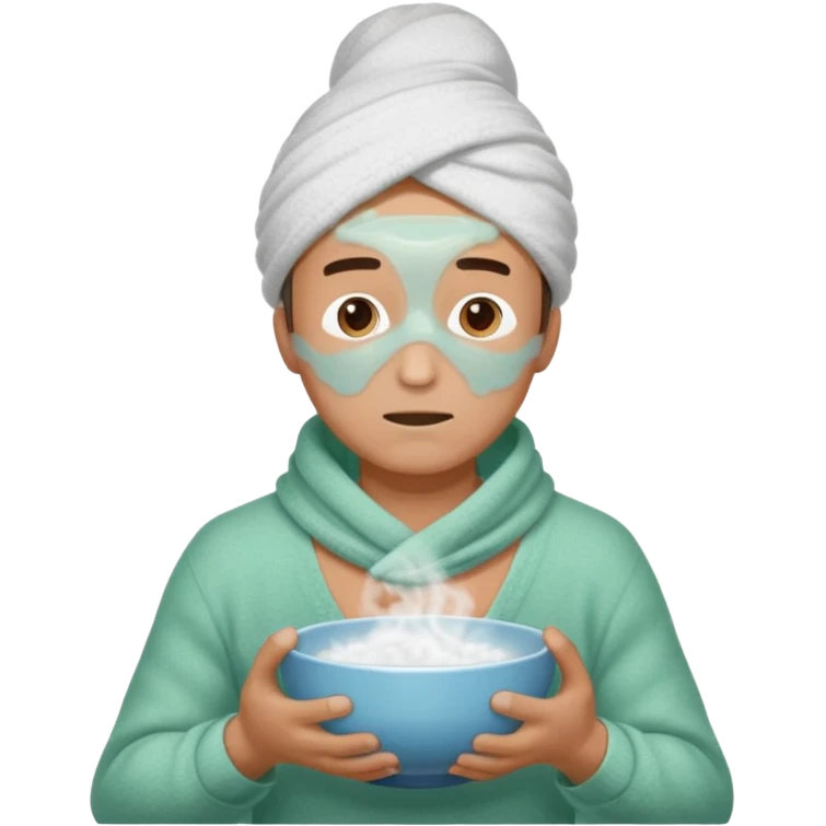 чоловік що дихає парою над мискою в теплій кофті і з полотенцем на голові, яке просто висить, двома руками тримаючи миску emoji