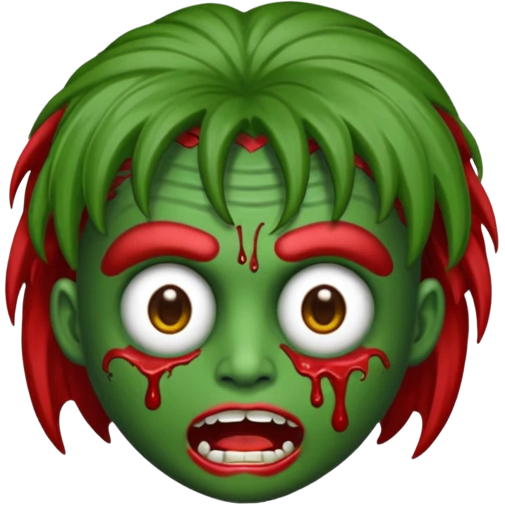 emoji de zumbi estilo WhatsApp, cabeça verde, cabelo cacheado vermelho volumoso, olhos brancos brilhando, expressão divertida e assustadora, cartoon, linhas limpas, fundo transparente, qualidade alta emoji