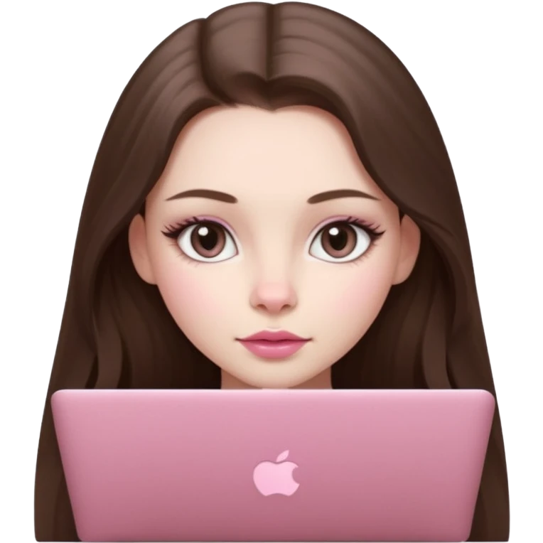 beautiful pale brunette girl, glossy lips and logn hair, soft pink cheeks and soft nose and eyelined cat eyes. using her pink mac book emoji