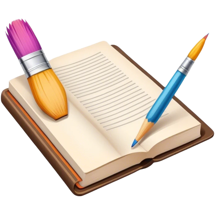icon for Illustration hobbie, paintbrushтв pencil and under book's page, colorful sketch, simple lines, minimalistic style, transparent background. emoji