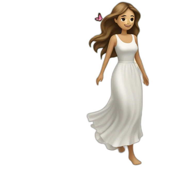Mujer caminando en la playa y la brisa le mueve el cabello largo y crespo con un vestido largo y blanco del cual salen flores y mariposas volando emoji