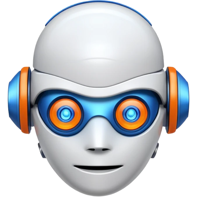"Cartoon-style robot head with glowing blue eyes, white shell, orange-tipped arms, and blue gradient background" emoji
