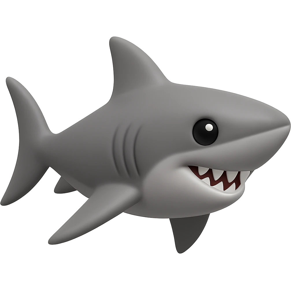 Edit the shark emoji to have a smooth, cartoonish, 3D emoji look in gray color, no legs, no sneakers, no background, just the shark facing right, inspired by the provided reference image. emoji