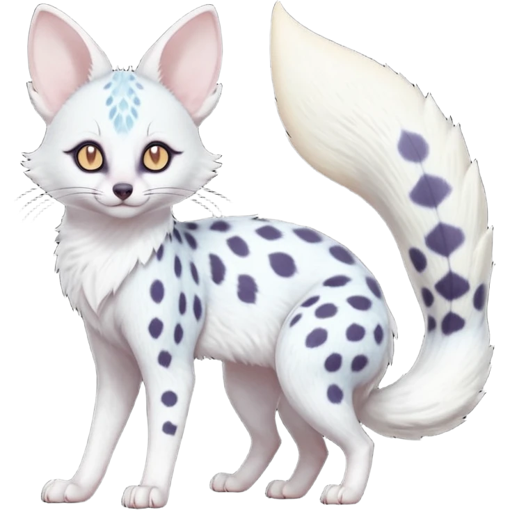 White Albino frosty snow-white whitish pastel-grey-spotted Serval-Civet-Genet-Trico-Furret-Linoone-Noibat-Espeon-Fakémon-Pokémon-animal-hybrid-fusion-creature (full body) with vibrant glowing eyes, cute, elegant, soft, realistic, pastel fur emoji
