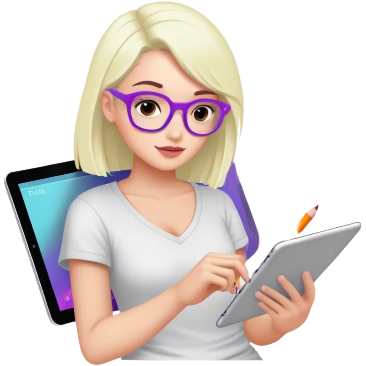 Create an emoji representing fanfiction writing. The design should feature a digital device tablet with visible text, symbolizing the creative process of writing fanfiction. Add a subtle reference to popular fictional characters or universes to indicate the fan aspect. Add stilus and pictures of pop stars in front of text on the screen of tablet. Use a playful, imaginative color palette, blending vibrant tones with soft neutrals. Do not include any emojis or smiley faces. Make the background transparent. emoji