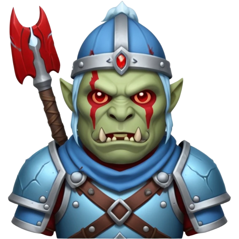 Fantasy Christmas orc legion soldier icon, iron tundra army theme, heavy winter armor, disciplined brutal look, cold steel armor cracked with frozen crimson lines, bloodfrost effect, icy blue and dark red color palette, minimal clean emoji style emoji