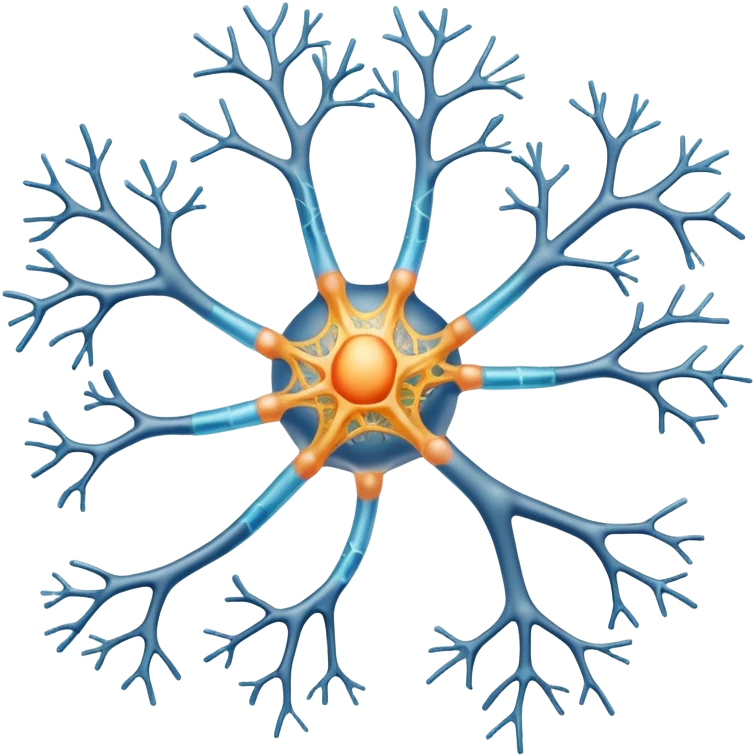 A scientificallu accurate nerve cell with the 3 main components, dendrites, axon and cell body. emoji