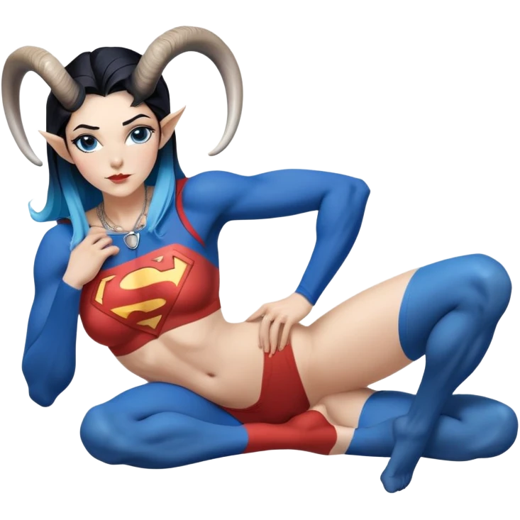 Art of a human white woman's sexy body scheme anatomy-very long-straight black to blue hair ombre-small goat antlers-leanimg back-on knees-superman necklace emoji
