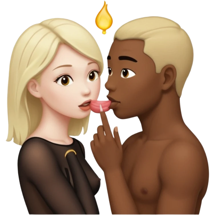 Nude light-skinned female giving fellatio to darker-skinned asian male emoji