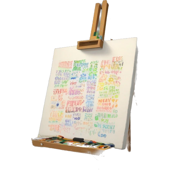 an image of an artist’s studio, complete with an easel, a palette filled with colorful words, and a half-finished painting that includes some sentences scattered across the canvas emoji