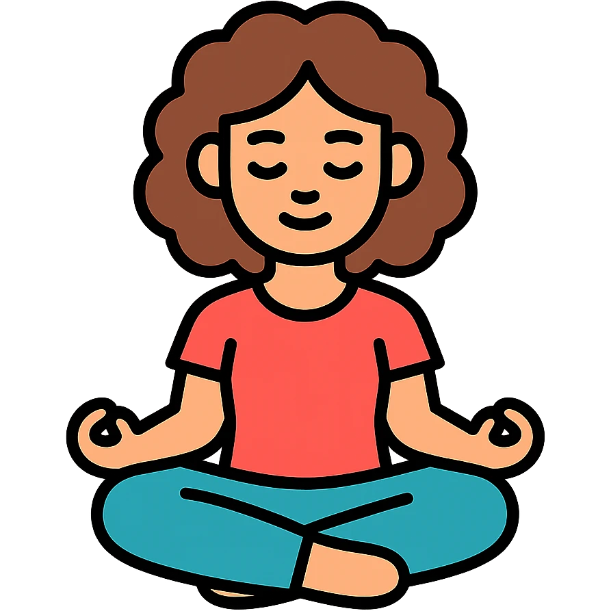 brunette girl with curly hair meditating, sitting cross-legged, colored icon emoji