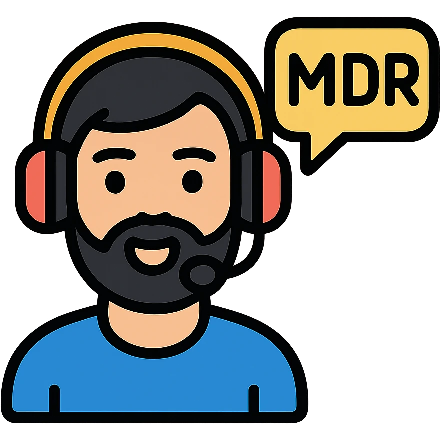 a person with black hair, brown eyes, and a black beard wearing a gaming headset saying "mdr" emoji