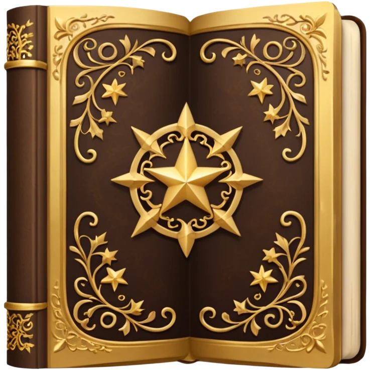 An open, ornately decorated book rendered in a highly detailed. The book's cover, framed with a broad, golden border, is a rich, dark brown, embellished with intricate golden filigree designs, including scrolling vines and decorative stars. emoji